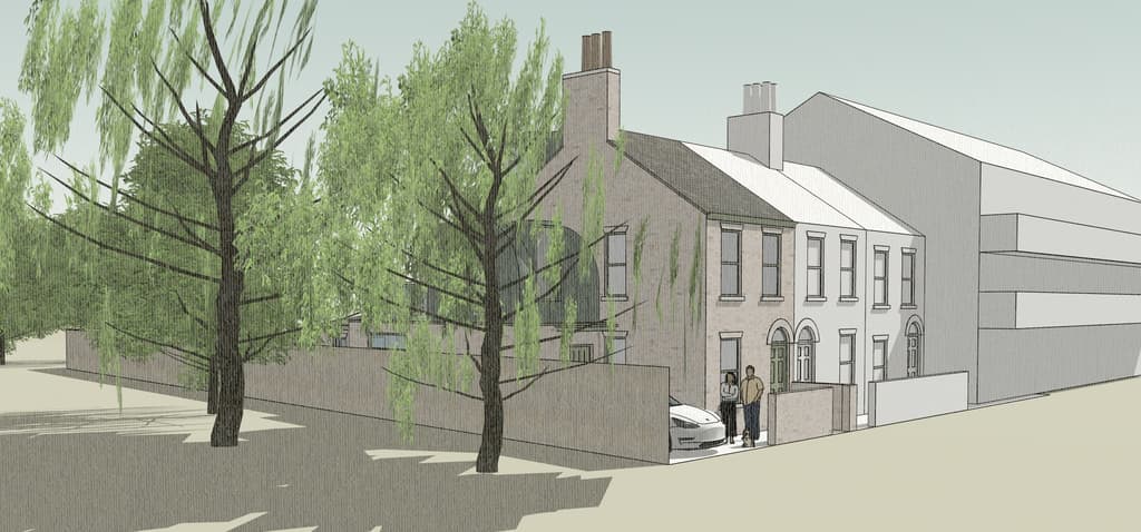 Sketch-style visualisation of Riverside House seen from the corner, framed by willow trees, with neighbouring buildings drawn as white massing