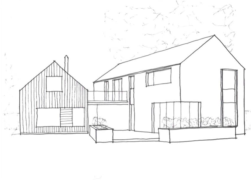 Hand-drawn pen perspective of Impington House: a vertically boarded gabled wing beside a two-storey gabled wing with a first-floor balcony and planters
