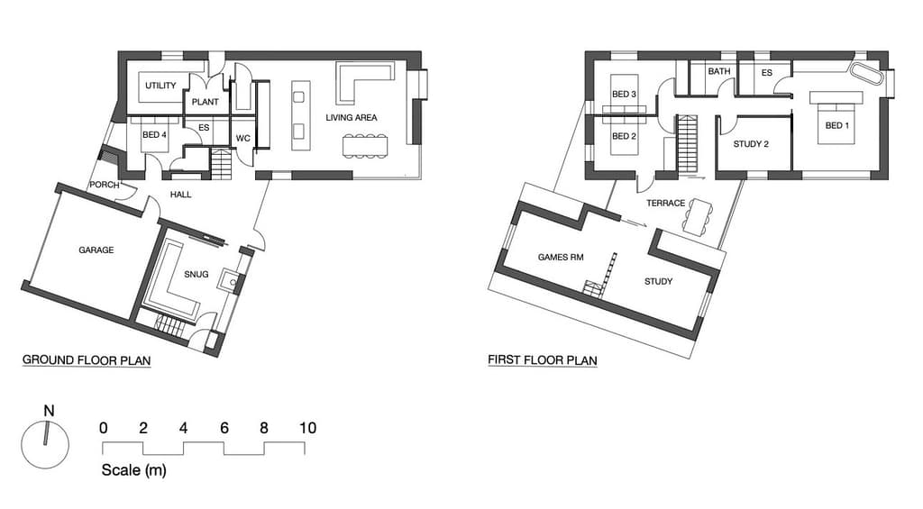 Ground and first floor plans of Impington House: two angled wings containing a living area, snug, garage, four bedrooms, a games room, studies and a first-floor terrace, with north point and scale bar