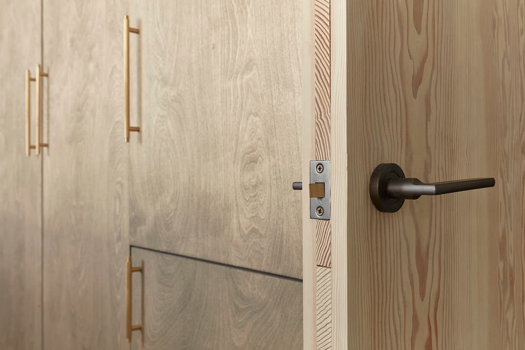 Plywood cabinet doors with brass bar handles beside an open solid timber door with a dark lever handle