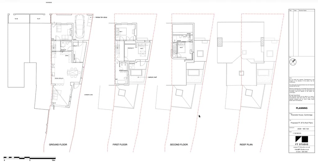 Planning drawing for Riverside House, Cambridge: proposed ground, first, second floor and roof plans with the FT Studio title block